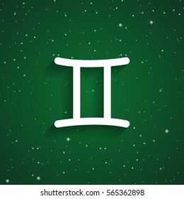Gemini zodiac symbol, white zodiac icon on the background of green starry sky