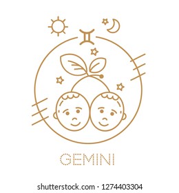 Gemini zodiac vector sign, logo, tattoo or illustration, a pair of children's faces.  Food horoscope for kids.