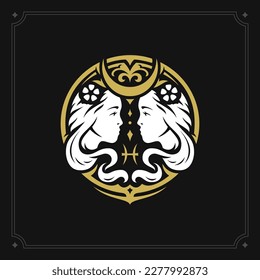 Gemini zodiac vintage symbol floral female art deco ornate black card design vector illustration. Twins horoscope astrology celestial future prediction mythology fortune lunar calendar prophecy