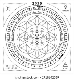 Gemini zodiacal coloring book with caledar 2020. Vector astrological illustration