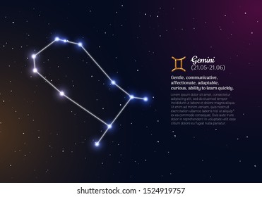 Gemini zodiacal constellation and bright stars. Gemini star sign and dates of birth on deep space background. Astrology horoscope prediction with unique positive personality traits vector illustration