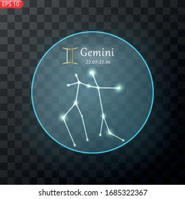 Gemini Zodiacal constellation with bright stars. Star sign and dates of birth on deep space background. vector illustration.