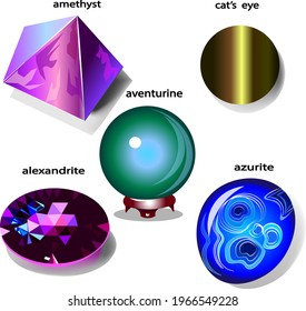 Gems  amethyst , alexandrite , cat's eye  ,aventurine , azurite .Set multicolored precious stones .Vector illustration