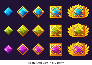 Gems award progress. Golden amulets set with squarejewelry. Vector icons assets for game design on separate layers