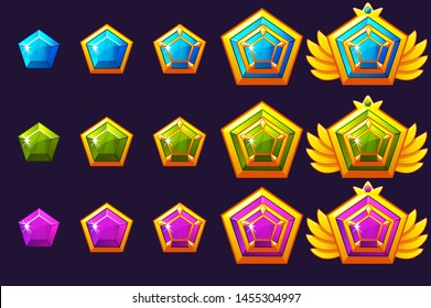 Gems award progress. Golden amulets set jewelry. Vector icons assets for game design on separate layers