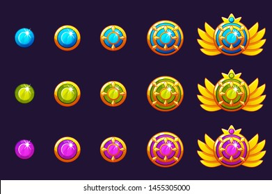 Gems award progress. Golden amulets set with round jewelry. Vector icons assets for game design on separate layers