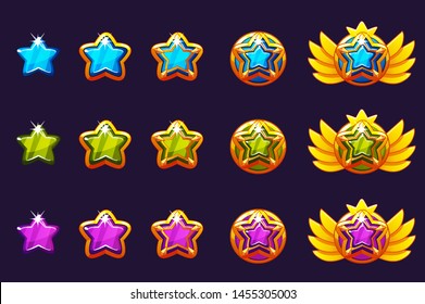 Gems award progress. Golden amulets set star jewelry. Vector icons assets for game design on separate layers