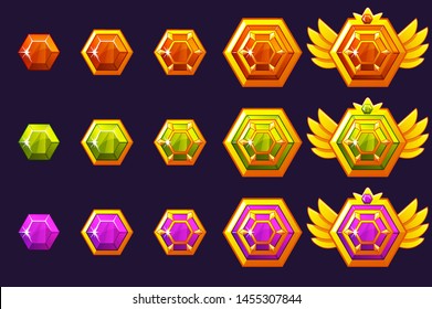 Gems award progress. Golden amulets set hexahedron jewelry. Vector icons assets for game design on separate layers