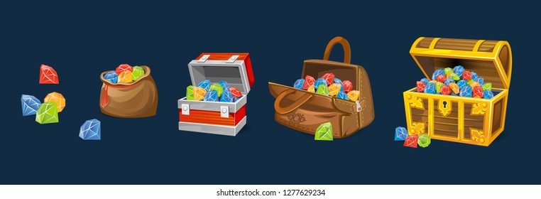 Gems chests set on blue background. Cartoon money chests for games, books etc. Vector illustration