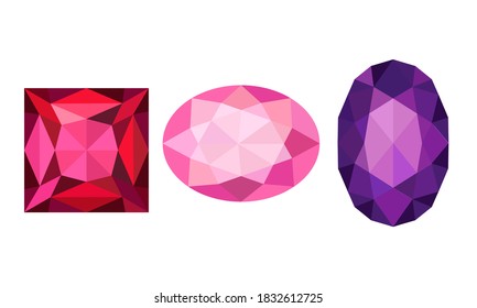 Gems and Diamonds of Different Shape and Color with Facet Vector Set