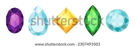 Gems and Diamonds of Different Shape and Color with Facet Vector Set