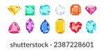 Gems of different shapes and colors isolated on white. Set of diamonds. Vector cartoon flat illustration.
