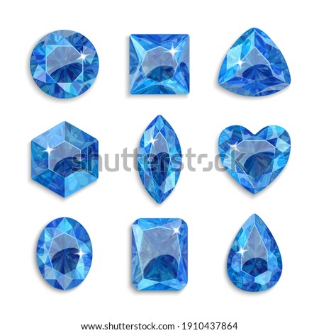 Gems of different shapes. Set of blue crystals. Jewelry.