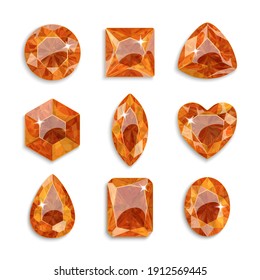 Gems of different shapes. Set of orange crystals. Jewelry.	
