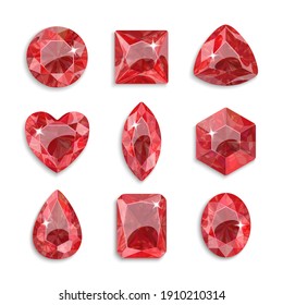 Gems of different shapes. Set of red crystals. Jewelry.	