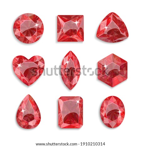 Gems of different shapes. Set of red crystals. Jewelry.	