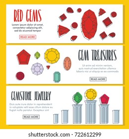 Gems doodle three horizontal banners. Doodle illustration of Gems vector for web and design