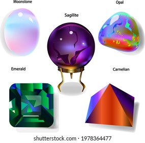  Gems emerald ,opal ,magic moonstone ,carnelian ,sagilite. Collection gem stones  vector illustration
 