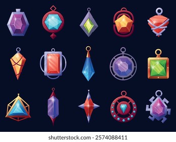 Gems game amulets. Magic crystals mascots icons, gui ui elements. Wizard witch or heroes amulet with colorful quartz orbs and gemstones, nowaday vector set