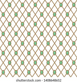 Gems geometric pattern with net green and gold netted shapes seamless repeat. Vector background for print.