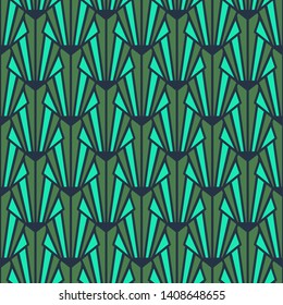 Gems geometric pattern with net green and gold mesh shapes seamless repeat. Vector background for print.