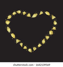 Gems of gold color. Frame in the shape of a heart made of jewelry on a black background. Cartoon hand drawing isolated illustration. Vector.