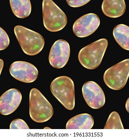 Gems in a gold setting on a black background. Seamless vector pattern from emeralds and opals with gold on a dark background. For the design of fabric, wallpaper or wrapping.