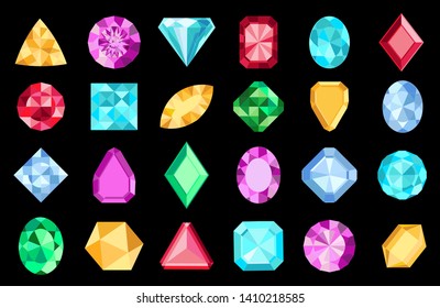 Gems Isolated On Black Background. Vector Jewels Or Precious Diamonds Gem Set. Diamonds Set. Colorful Diamonds On Black Background.