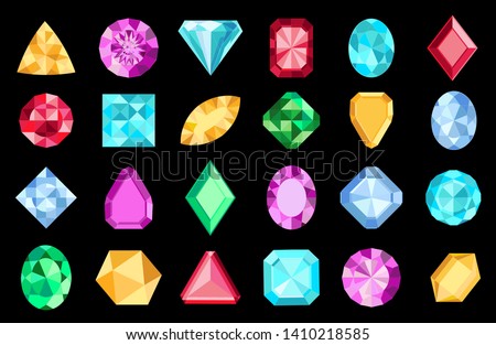 Gems isolated on black background. Vector jewels or precious diamonds gem set. Diamonds set. Colorful diamonds on black background.