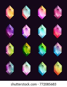 Gems isolated on dark background. Vector jewels. Precious diamonds gem set. Vector illustration