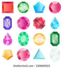 Gems isolated on white background. Jewels set, gems and diamonds icons isolated, different colors flat design. Vector jewels or precious diamonds gem set.
