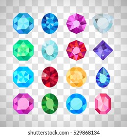Gems isolated on white background. Vector jewels or precious diamonds gem set on the transparent background.
