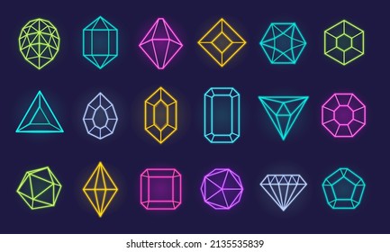 Gems neon icon set. Vector pictograms isolated. Can be used for mobile apps and website design. Pack of jevelry icons.
