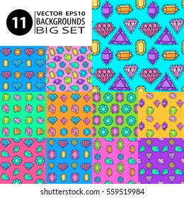 Gems patterns set. Doodle sketch vector textures collection. Comic stickers with jewelry stones simple backgrounds. Diamonds, brilliants, crystals and jewels.