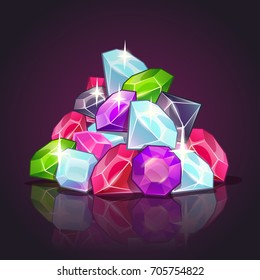 Gems Pile Cartoon Illustration. Colorful Diamonds On Dark Background. Vector Heap Of Jewels.
