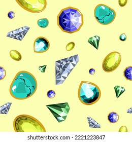 Gems and precious stones, brilliants and emeralds, diamonds set. Expensive jewelry and richness, wealthiness and wealth. Seamless pattern, background or print wallpaper. Vector in flat style