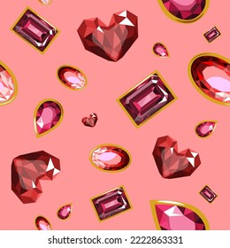 Gems and precious stones, brilliants and emeralds, diamonds set. Expensive jewelry and richness, wealthiness and wealth. Seamless pattern, background or print wallpaper. Vector in flat style