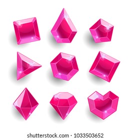 Gems Set. Cartoon green different shapes crystals, gemstones, diamonds vector gui assets collection for game design. Isolated vector elements. Gui elements, vector games assets. Mobile games