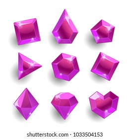 Gems Set. Cartoon green different shapes crystals, gemstones, diamonds vector gui assets collection for game design. Isolated vector elements. Gui elements, vector games assets. Mobile games