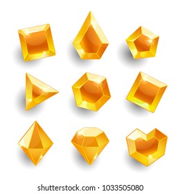 Gems Set. Cartoon orange different shapes crystals, gemstones, diamonds vector gui assets collection for game design. Isolated vector elements. Gui elements, vector games assets. Mobile games
