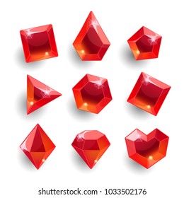 Edelsteine-Set. Cartoon-rote Formen Kristalle, Edelsteine, Diamanten-Vektorillustration sind die wichtigsten Elemente für das Spieldesign. Einzige Elemente der Vektorillustration. Gui Elemente, Vektorillustration Spiele Objekte. Mobile Games