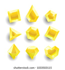 Gems Set. Cartoon yellow different shapes crystals, gemstones, diamonds vector gui assets collection for game design. Isolated vector elements. Gui elements, vector games assets. Mobile games