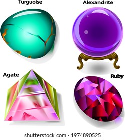 Gems turquoise  ,alexandrite, garnet ,agate set .Collection gem stones icon for game design. Gemstone on a white background .Vector illustration