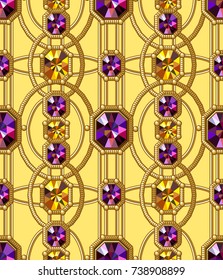 Gems. Vector Seamless Pattern. Gold Ornament. Glamour Pattern. Yellow Background. Embroidery.