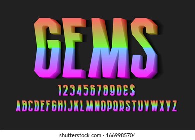 Gems volumetric prismatic iridescent alphabet with numbers and currency signs. 3d display font.