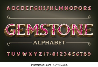 Gemstone alphabet font. 3d golden metal letters and numbers. Stock vector typeset for your design.