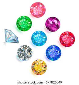 Gemstone bright flatlay set (top, side view) isolated on white background, vector illustration
