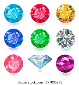 Gemstone Bright Flatlay Set (top, Side View) Isolated On White Background, Vector Illustration