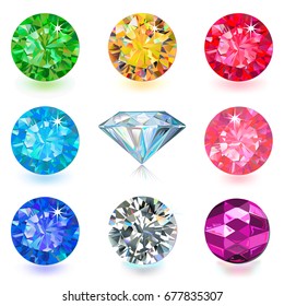 Gemstone Bright Flatlay Set (top, Side View) Isolated On White Background, Vector Illustration