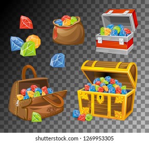 Gemstone and crystal chests set on transparent background. Cartoon money chests for games, books etc. Vector illustration﻿